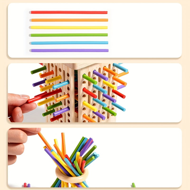 Wooden Stick and Ball Toy for Kids, 3-in-1 Educational Learning & Color Matching Game